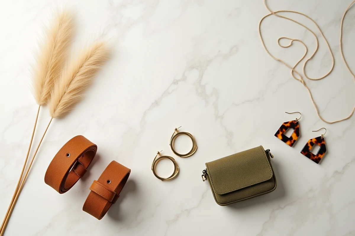 Flat-lay d'accessoires de mode tendance sur marbre blanc, incluant boucles d'oreilles dorées, ceinture suède cognac et sac en toile olive, style éditorial