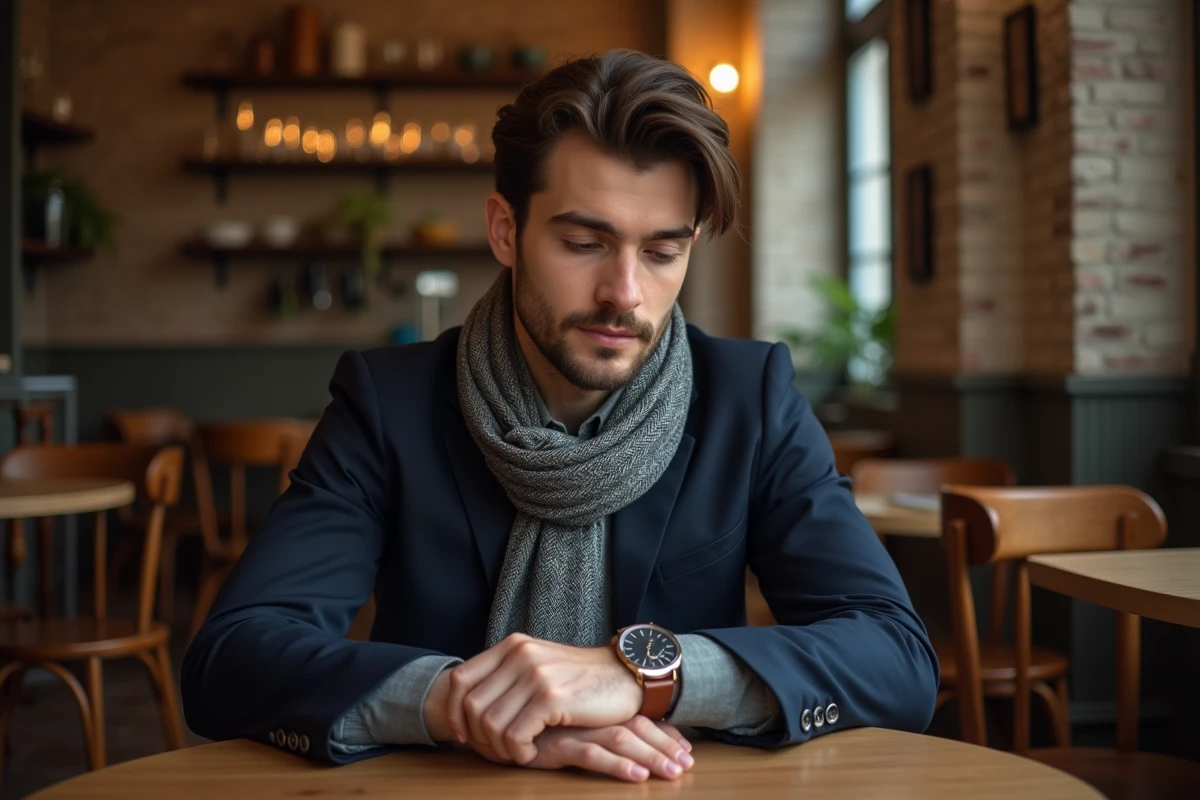 Homme élégant dans un café parisien portant une montre cuir minimaliste et un foulard en soie, mettant en valeur les accessoires masculins tendance