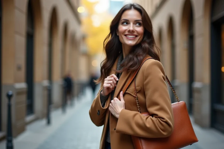 Femme élégante portant un sac en cuir structuré et un manteau camel dans une rue urbaine automnale, illustrant les accessoires tendance de la saison