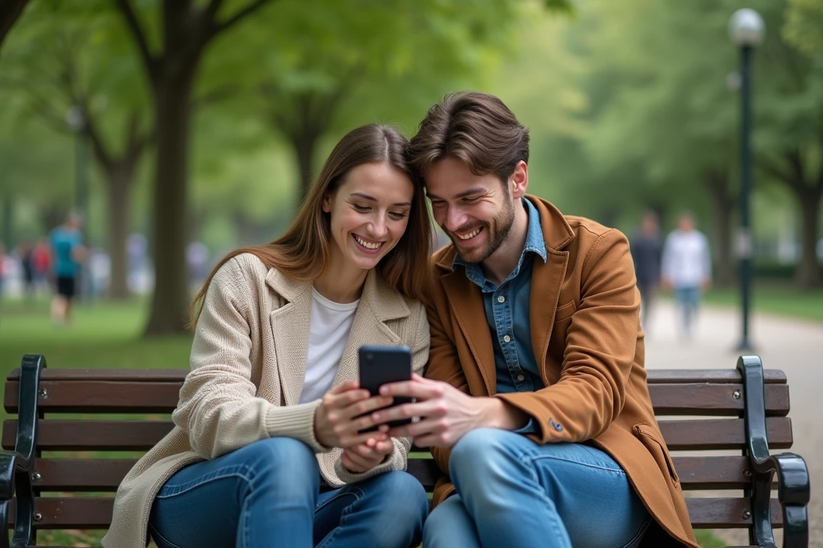 Deux amis regardant ensemble les niveaux de Candy Crush sur un smartphone dans un parc