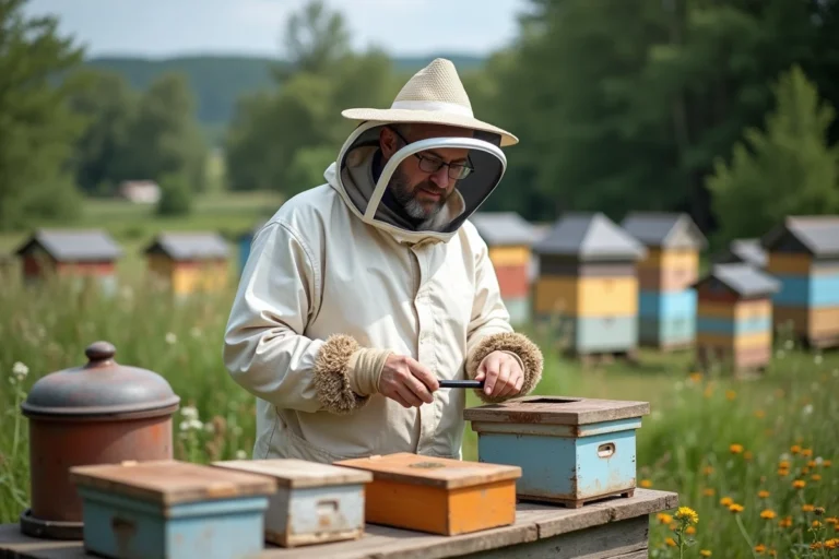 Apiculteur en tenue blanche dans un jardin rural avec ruches