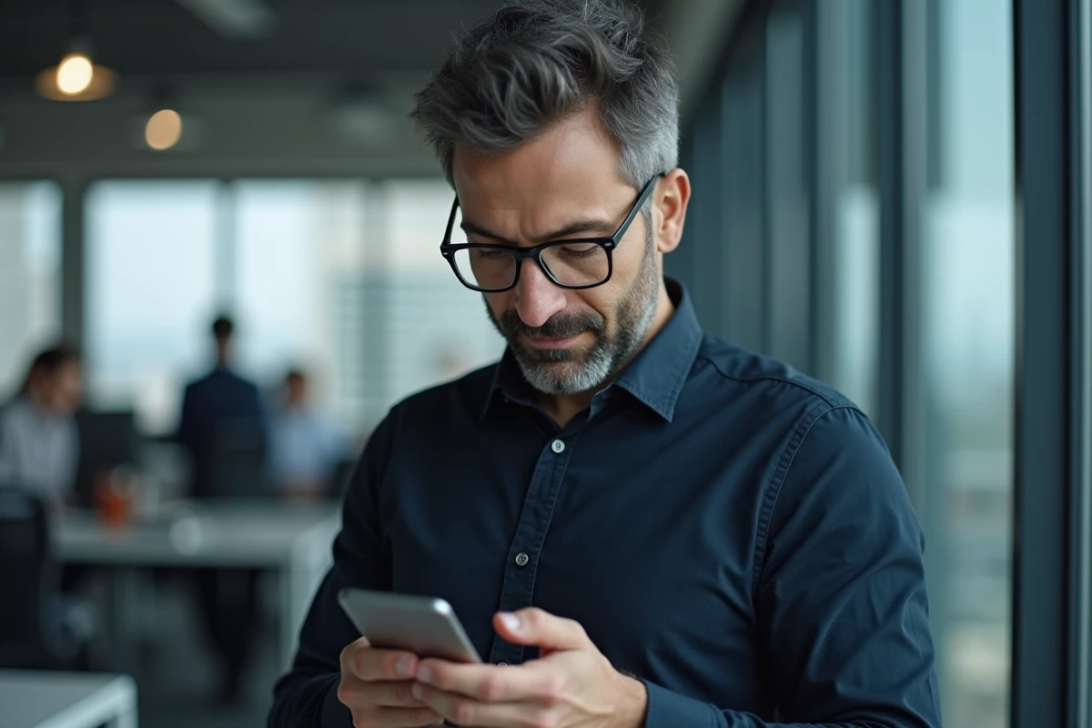 Homme consultant l'authentification à deux facteurs sur smartphone dans un environnement de bureau professionnel