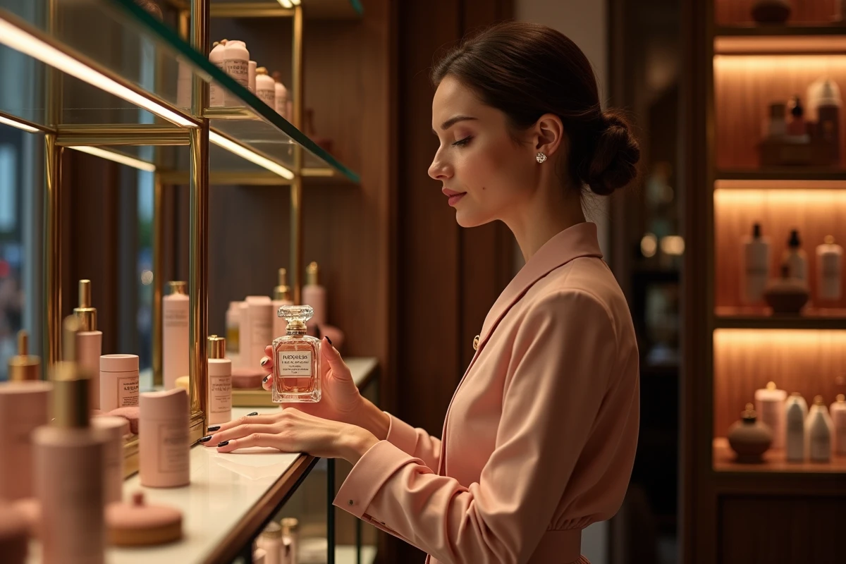 Femme élégante examinant un flacon de parfum de luxe dans une boutique beauté parisienne haut de gamme avec boiseries et présentoirs en velours