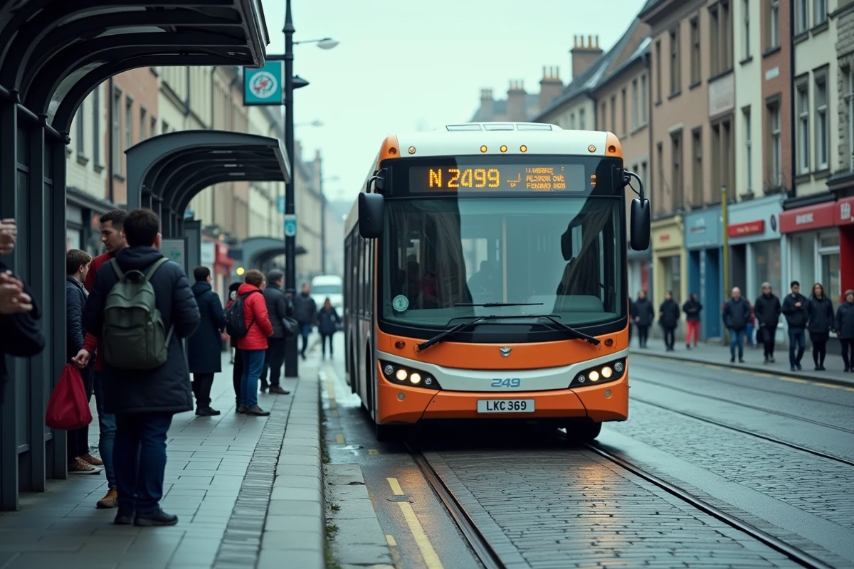Bus 249 arrivant à un arrêt avec des passagers attendant sur le trottoir