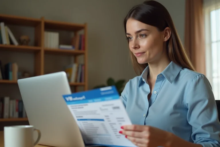 Femme consultant un billet Ryanair sur son ordinateur portable pour effectuer un changement de nom en ligne