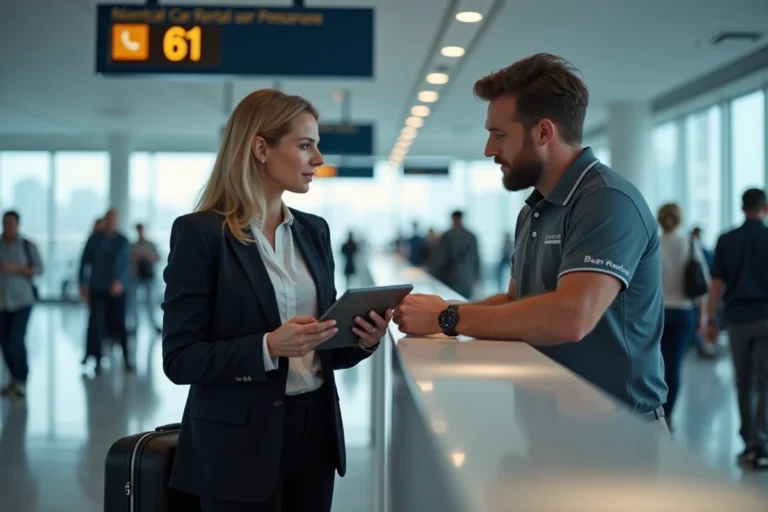 Femme comparant des offres de location de voiture au comptoir d'une agence en aéroport