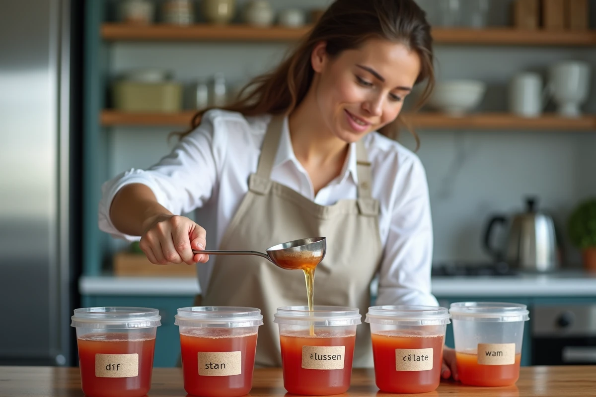 Femme versant du punch maison dans des boîtes de congélation étiquetées sur un plan de cuisine moderne