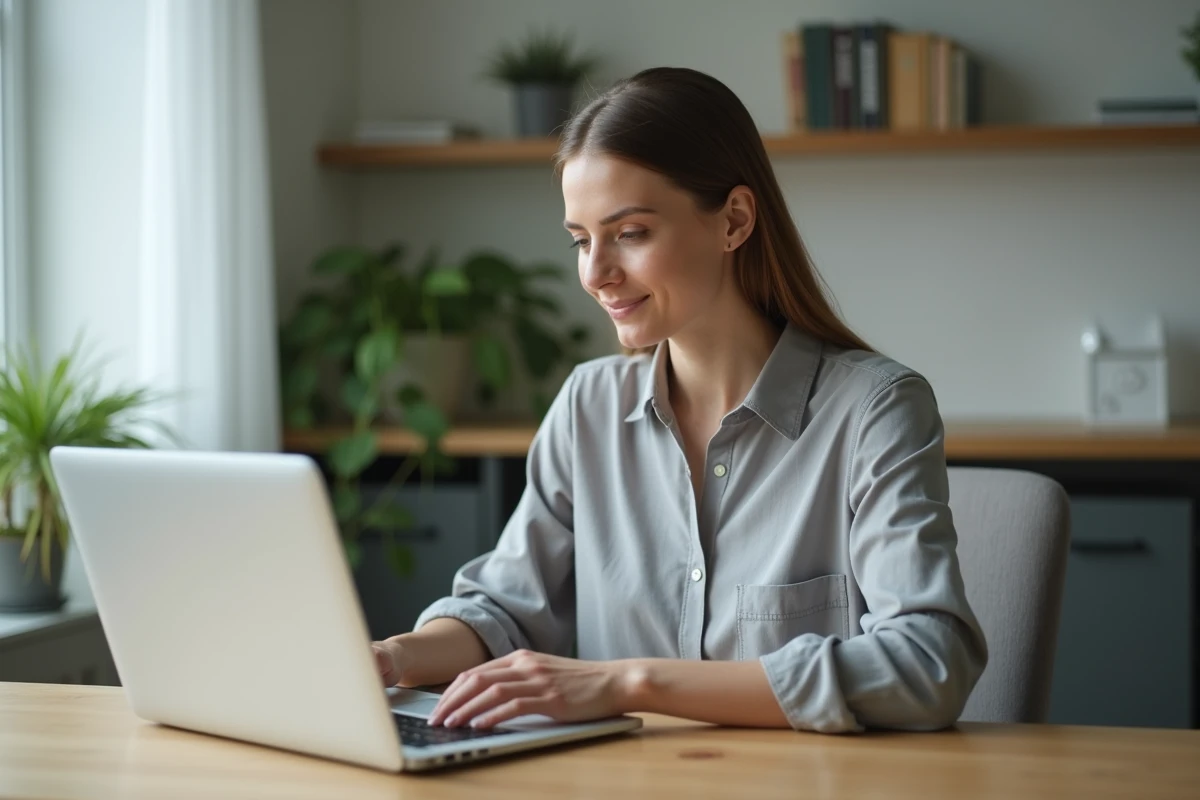 Femme connectée à son compte en ligne sur un ordinateur portable dans un bureau à domicile organisé