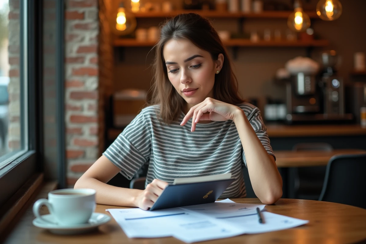 Jeune femme préparant un changement de nom sur un billet Ryanair avec passeport et tablette dans un café