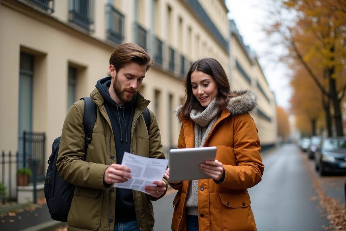 Couple comparant des annonces immobilières locales devant un immeuble résidentiel en France