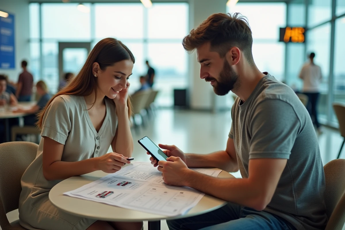 Couple comparant les tarifs et conditions des agences Alamo, National et Enterprise sur smartphone