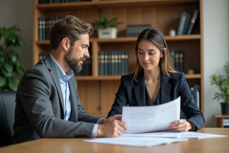 Couple discutant sereinement des documents de divorce amiable avec un avocat dans un bureau juridique moderne