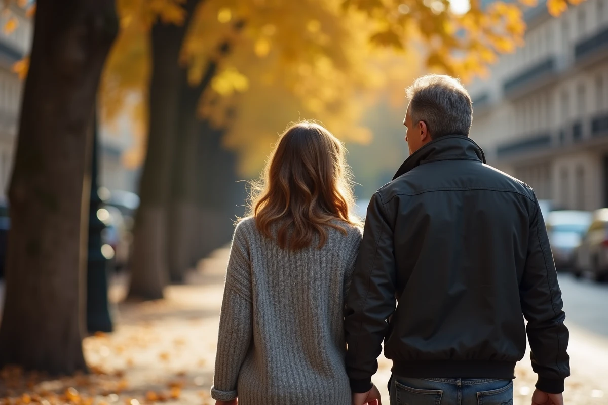 Couple se promenant discrètement sur un boulevard parisien en automne, illustrant la préservation de l'intimité conjugale loin des médias