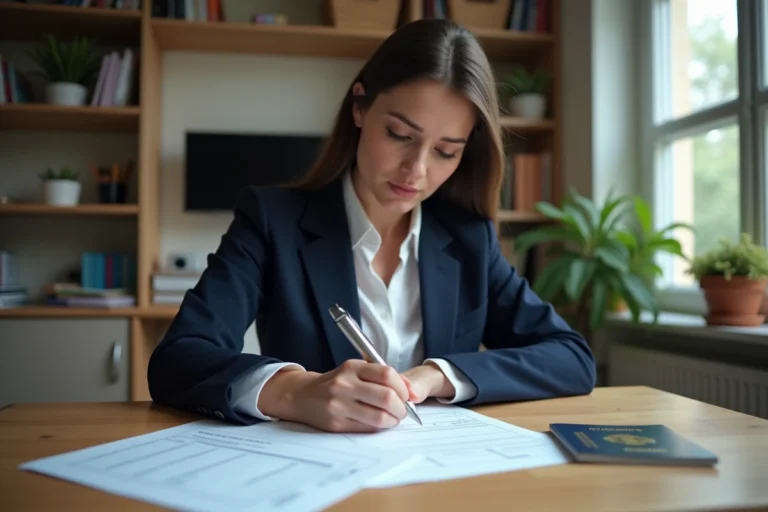 Femme remplissant un formulaire de demande de visa belge à son bureau avec passeport et documents officiels
