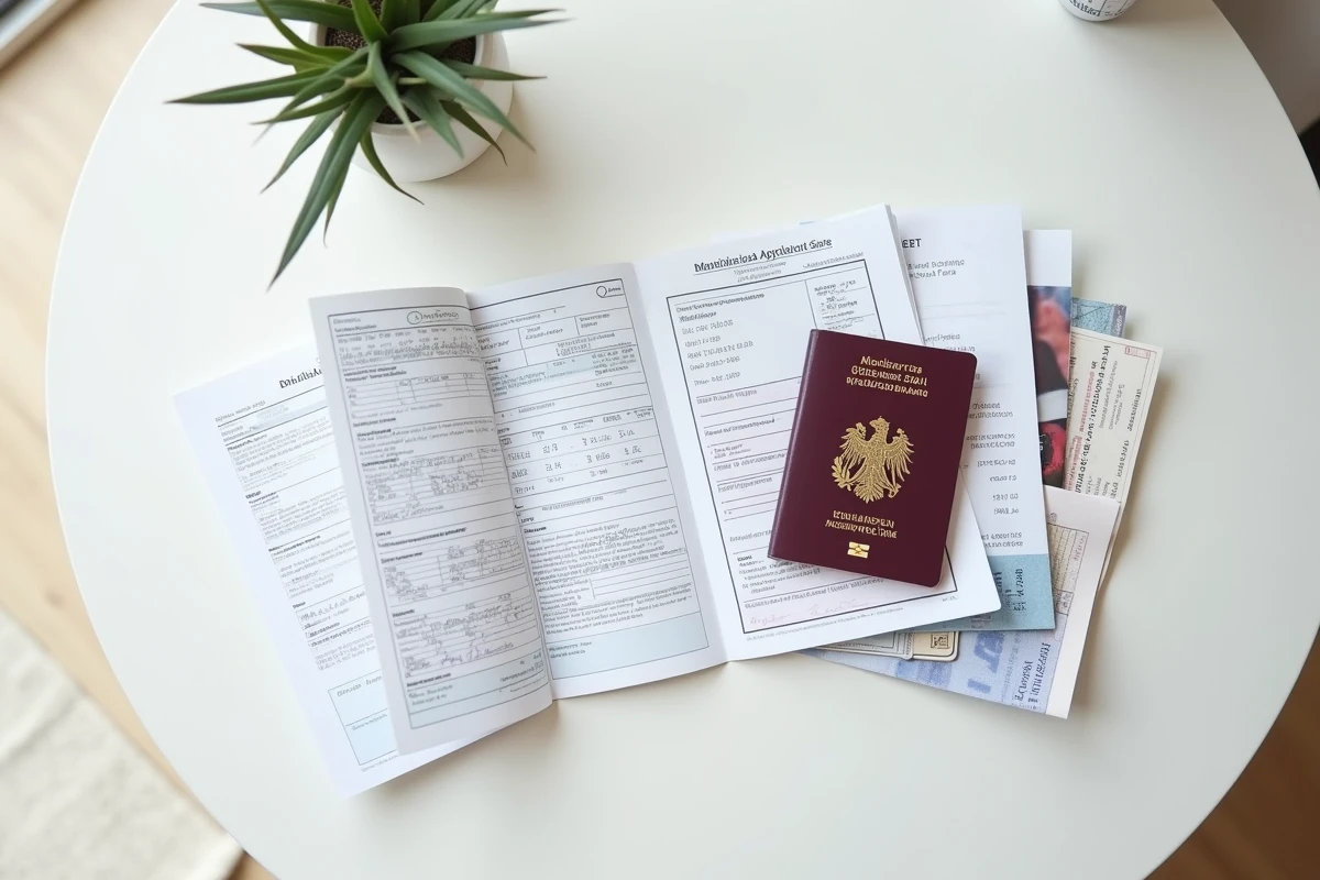Vue de dessus d'un dossier complet de demande de visa pour la Belgique avec passeport, formulaire et documents requis