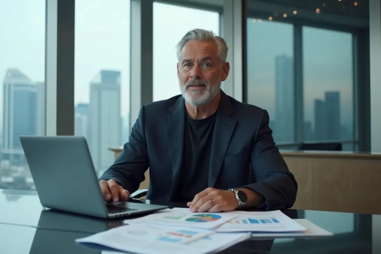 Entrepreneur milliardaire assis à une table de direction avec des rapports financiers et des graphiques illustrant sa fortune et ses revenus