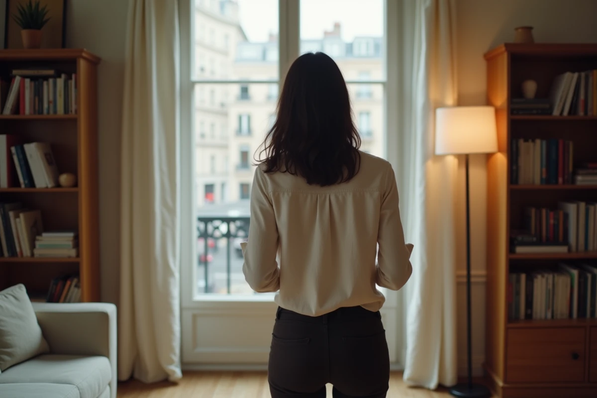 Femme regardant par une fenêtre dans un appartement parisien moderne, symbolisant la protection de la vie privée et l'intimité du couple