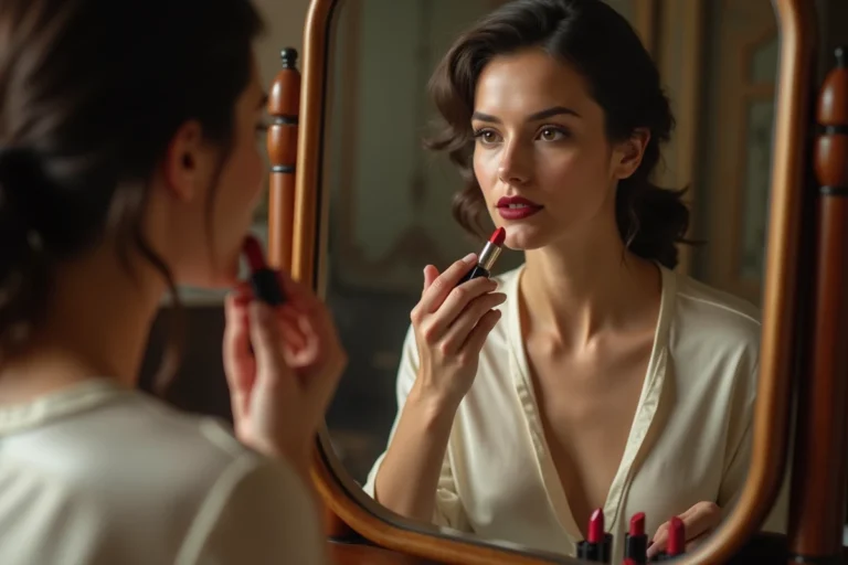 Femme appliquant un rouge à lèvres bordeaux devant une coiffeuse vintage avec des tubes de rouge à lèvres classiques