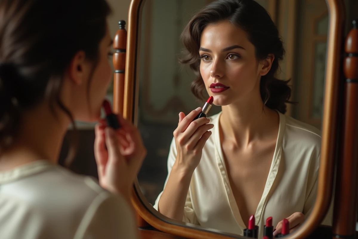 Femme appliquant un rouge à lèvres bordeaux devant une coiffeuse vintage avec des tubes de rouge à lèvres classiques