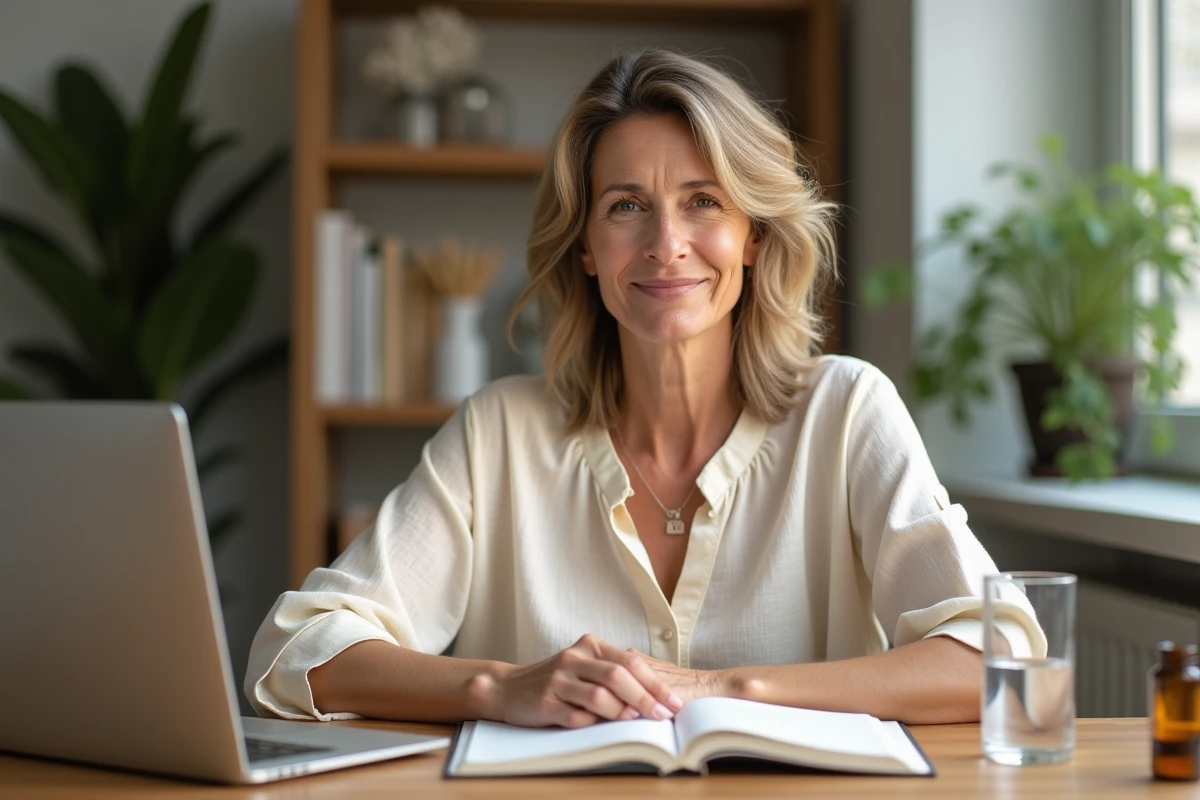 Femme concentrée travaillant à son bureau avec un supplément de shilajit pour soutenir la clarté mentale et la productivité