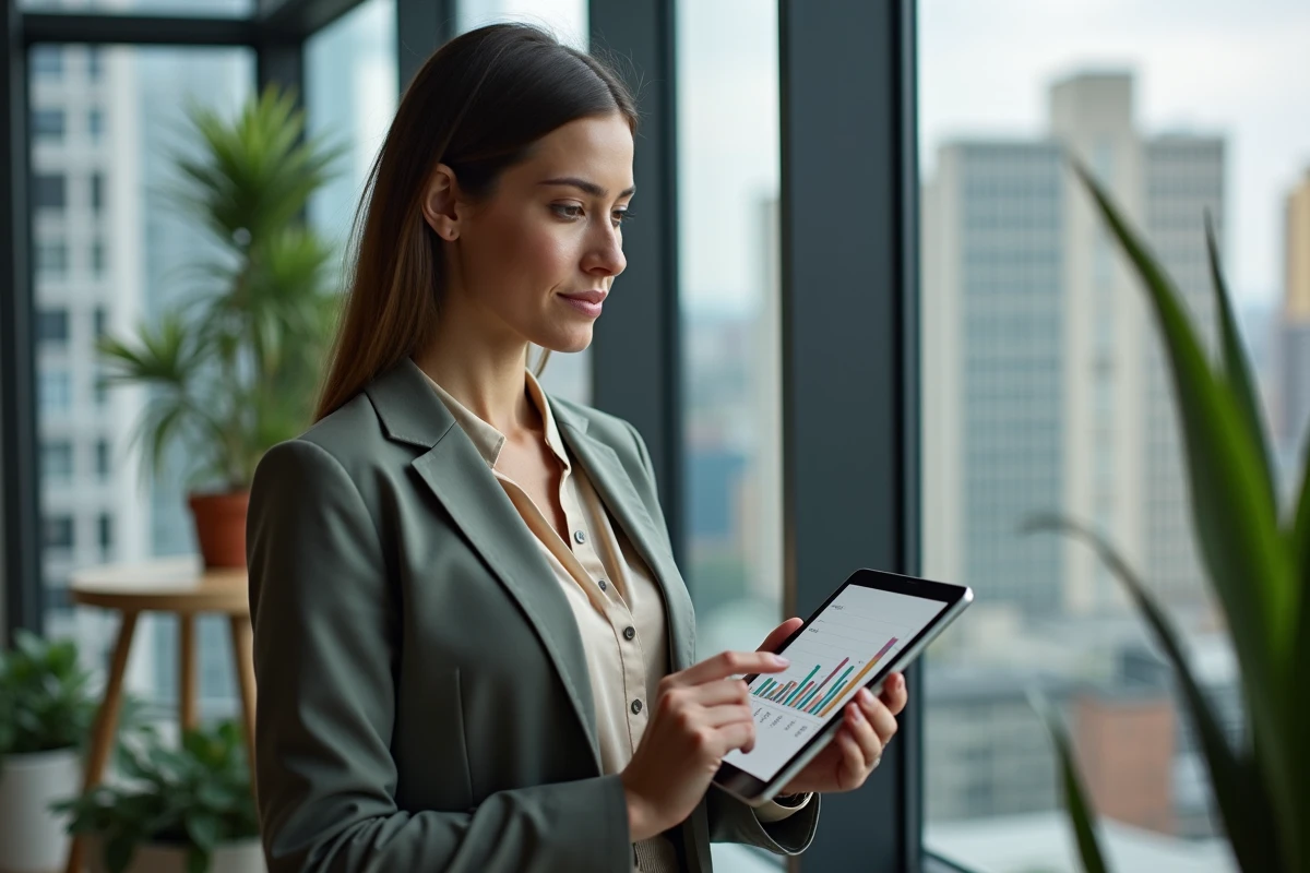 Femme avec tablette dans espace de coworking moderne