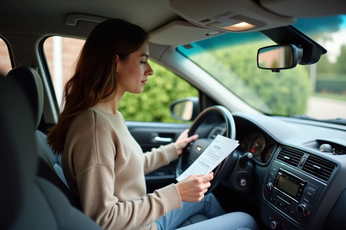 Femme entrant un code sur la radio de sa voiture extérieure