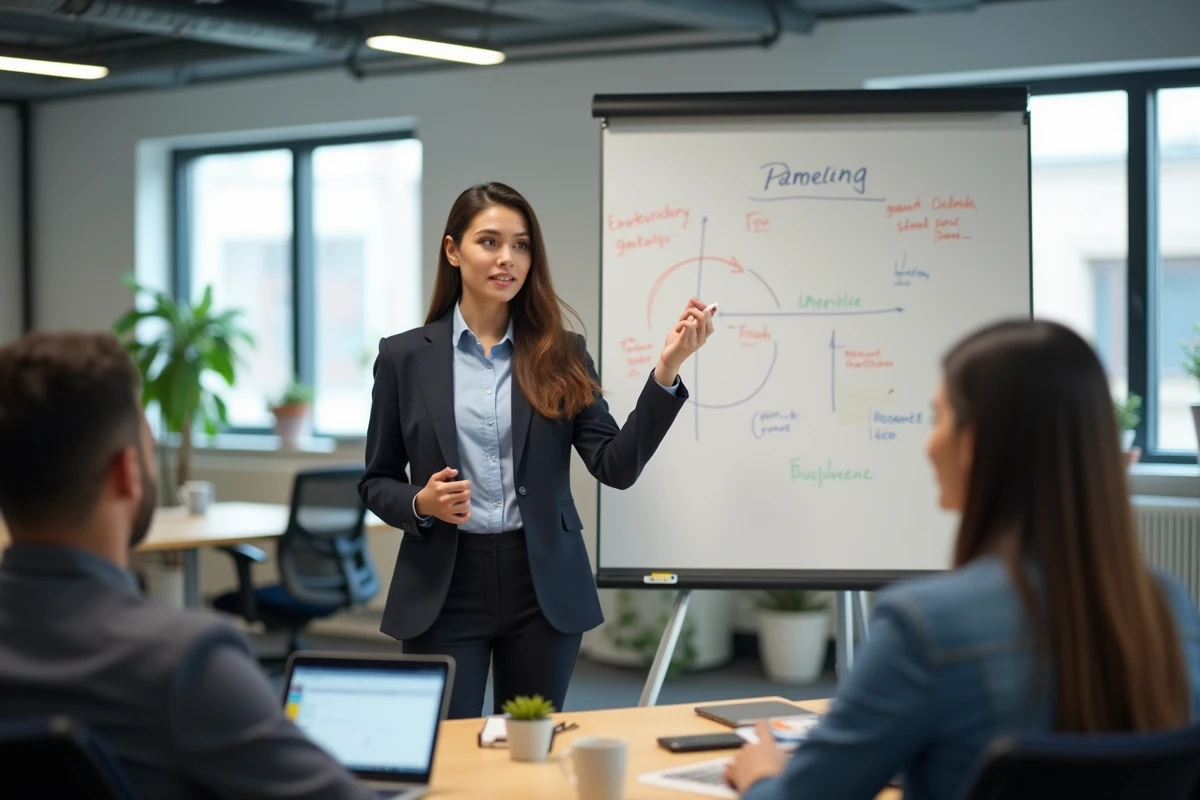Jeune femme en formation devant un tableau blanc dans un bureau