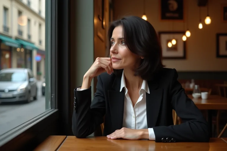 Femme francaise de 60 ans dans un cafe parisien contemplatif