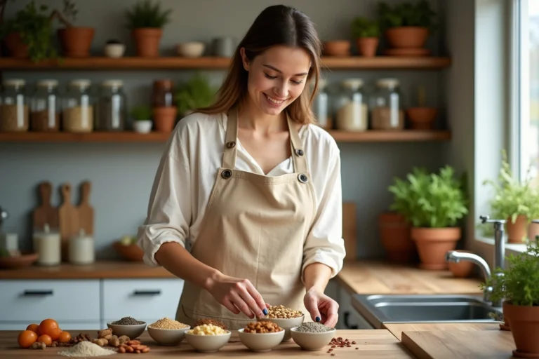 Femme préparant un assortiment de graines et fruits secs biologiques dans une cuisine en bois rustique