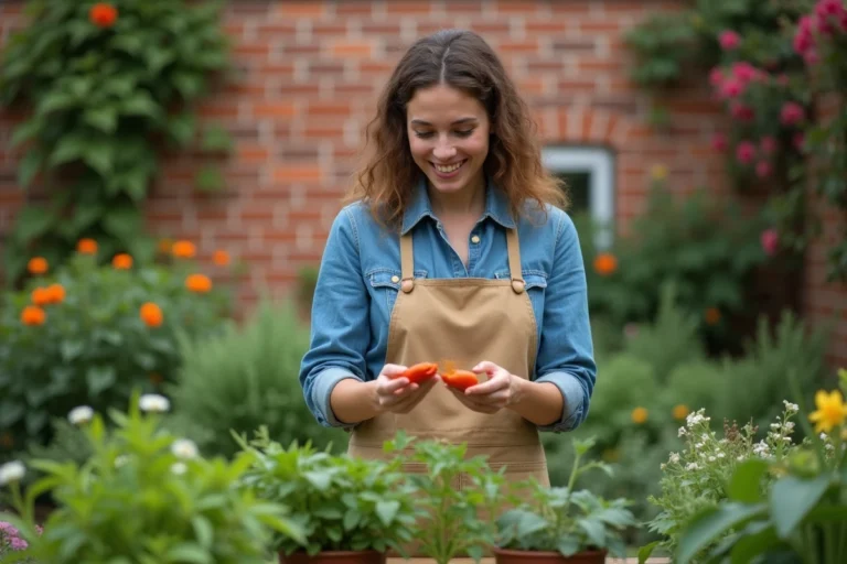 Femme en jardinage avec paprika dans un jardin verdoyant