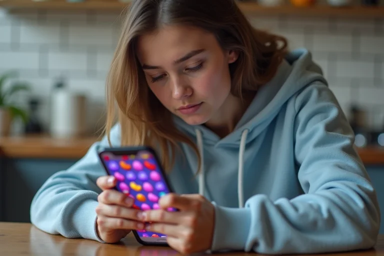 Femme jouant à Candy Crush sur smartphone avec niveaux difficiles affichés à l'écran