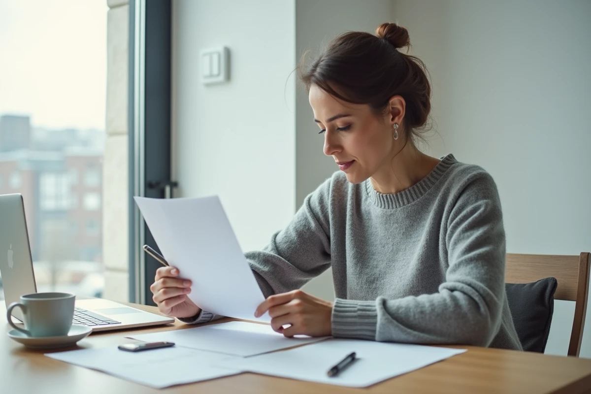Femme lisant attentivement les étapes d'un dossier de divorce par consentement mutuel à son bureau à domicile