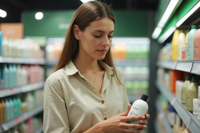 Femme examinant un produit de la marque Elsay dans le rayon cosmétiques d'un supermarché Leclerc