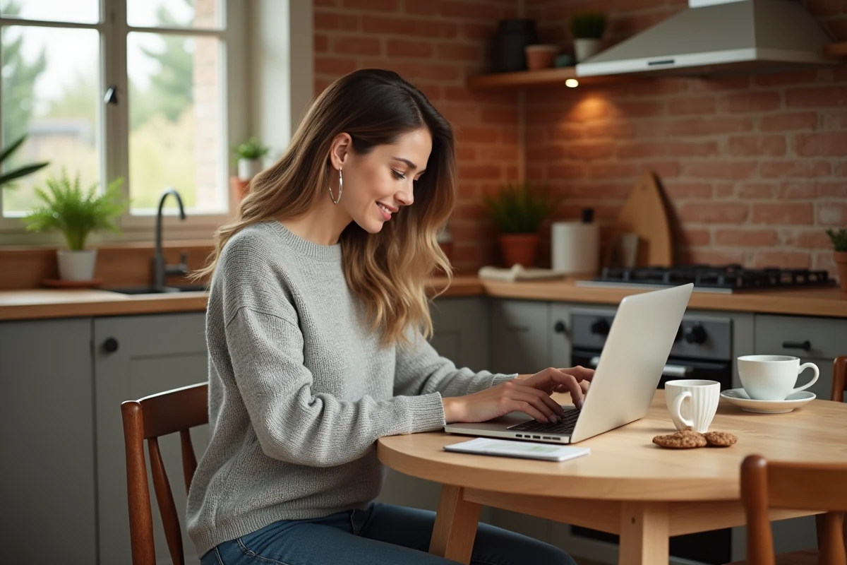 Femme cherchant des annonces locales fiables sur son ordinateur portable dans une cuisine française