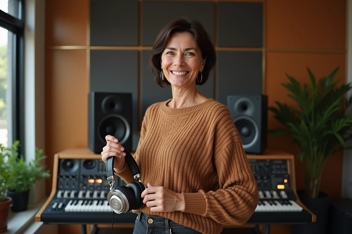 Femme francaise de 60 ans dans un studio de musique moderne