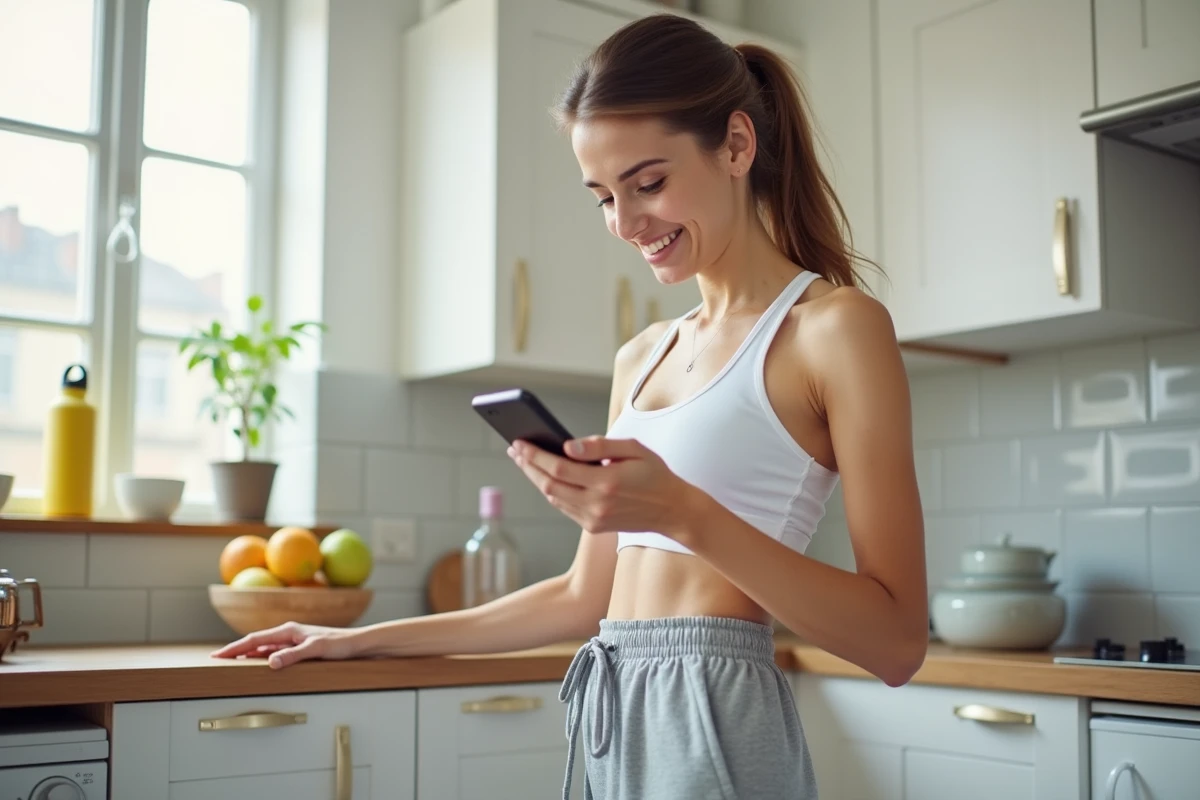 Jeune femme utilisant une application de suivi de santé sur smartphone dans sa cuisine à domicile dans le cadre d'une surveillance médicale autonome
