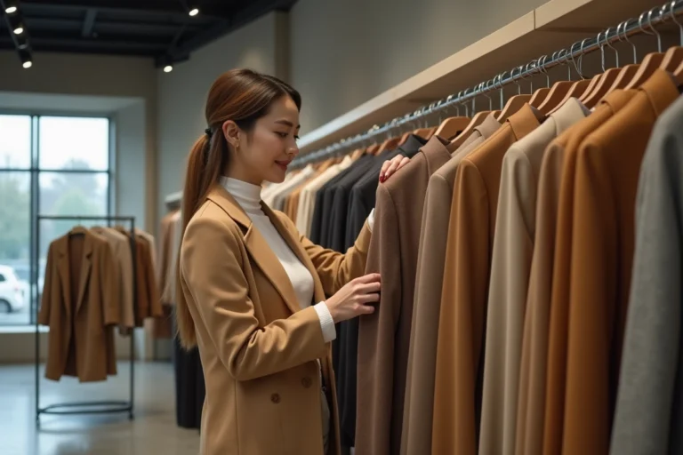 Femme élégante explorant les dernières tendances mode dans une boutique contemporaine aux intérieurs minimalistes