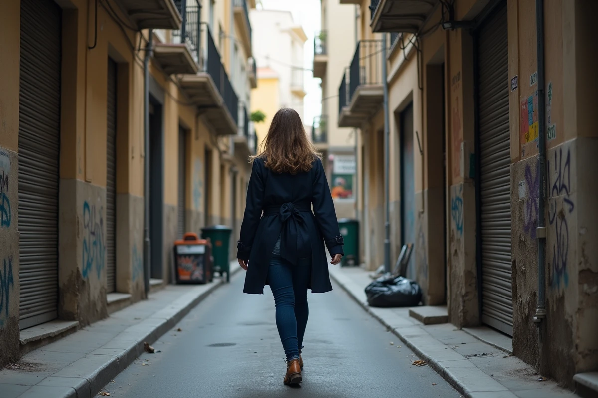 Femme en trench bleu marche dans une ruelle de Nice
