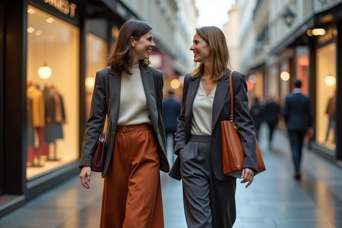 Deux femmes tendance se promenant dans une rue commerçante animée devant des boutiques de mode urbaines