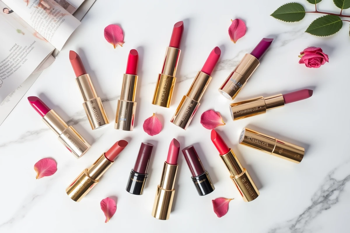 Flat lay de tubes de rouges à lèvres de marques cultes sur marbre blanc avec différentes teintes