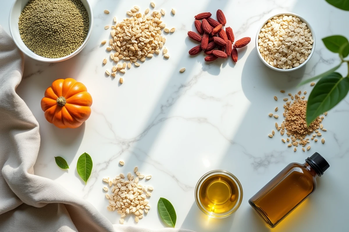 Vue de dessus d'un assortiment de super-aliments biologiques et graines sur marbre blanc pour alimentation saine