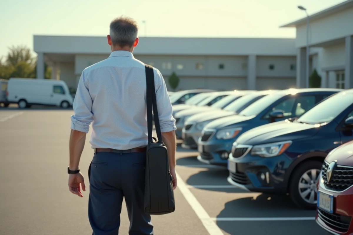 Homme examinant une flotte de voitures de location dans un parking d'agence