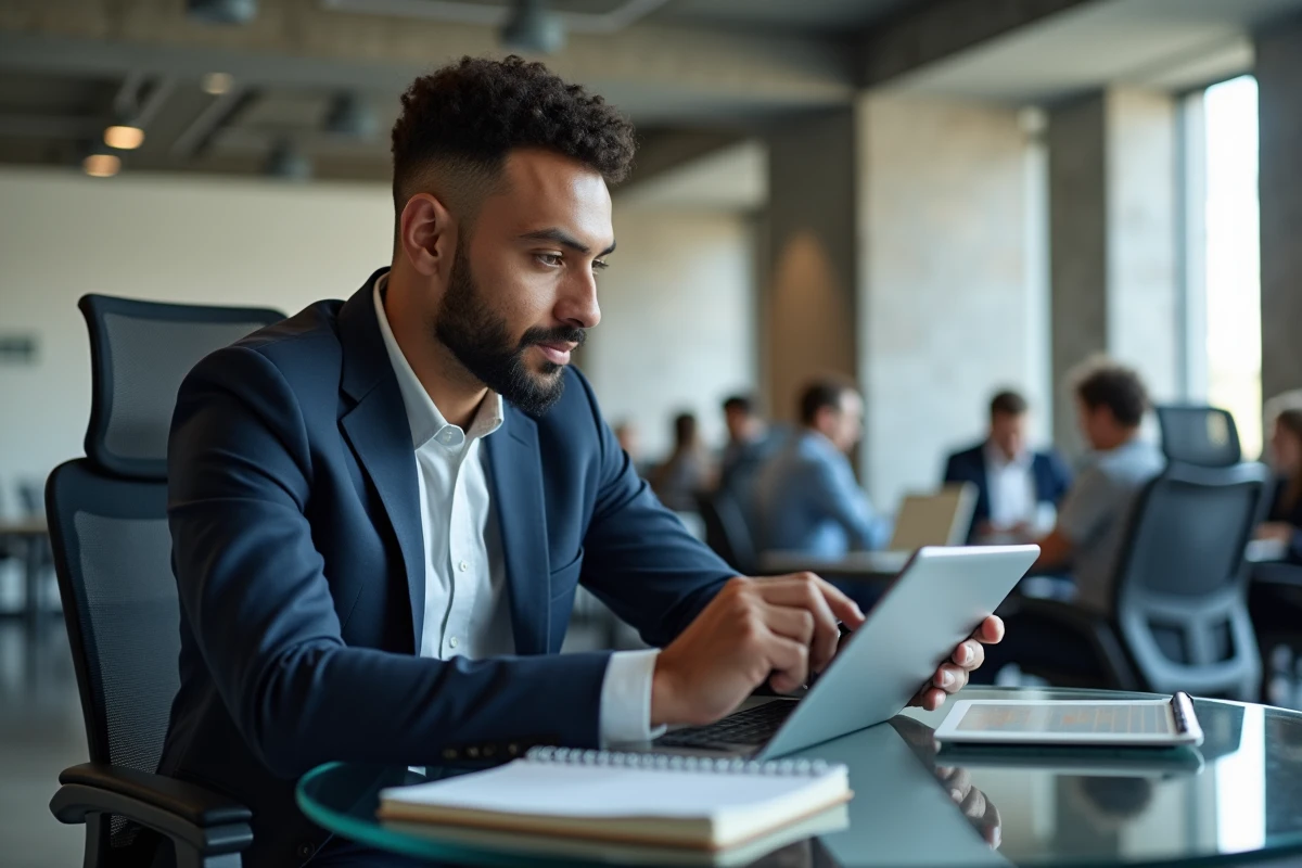 Professionnel gérant un mandat de prélèvement SEPA sur tablette dans un bureau moderne