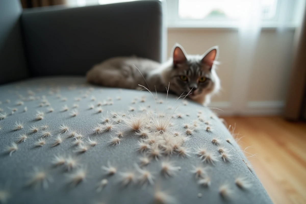 Gros plan de poils de chat sur un fauteuil en tissu, fibres et allergènes félins visibles, risques pour les voies respiratoires