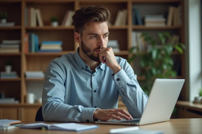 Jeune homme en bureau analysant des données SEO