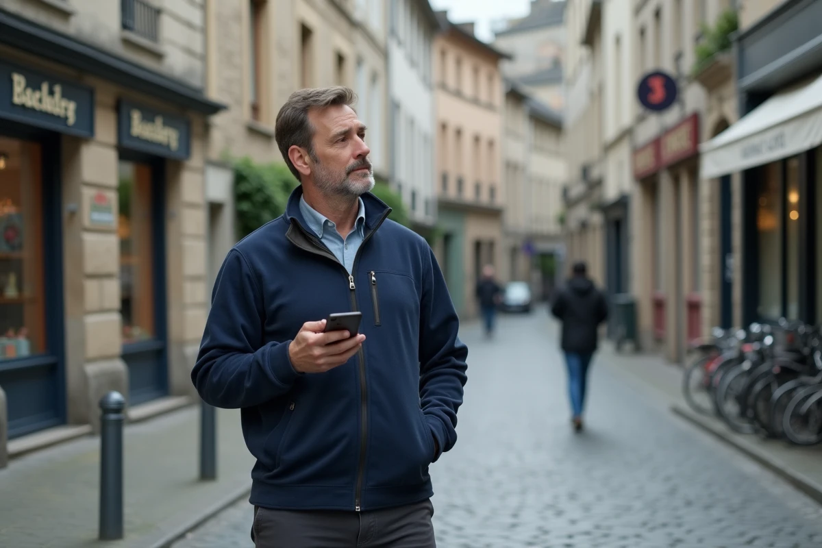 Homme consultant une application d'annonces locales sur smartphone dans une place de ville française