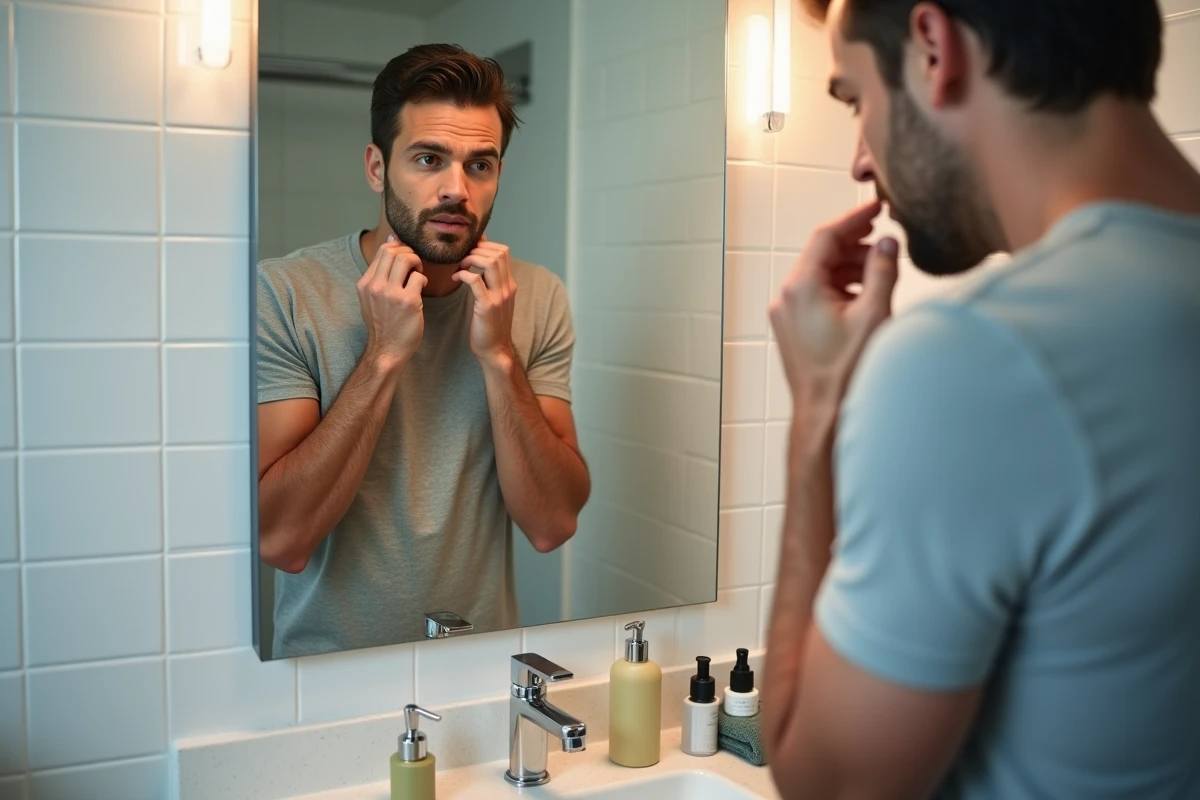 Homme appliquant une crème hydratante Elsay dans une salle de bain moderne, routine de soin quotidienne