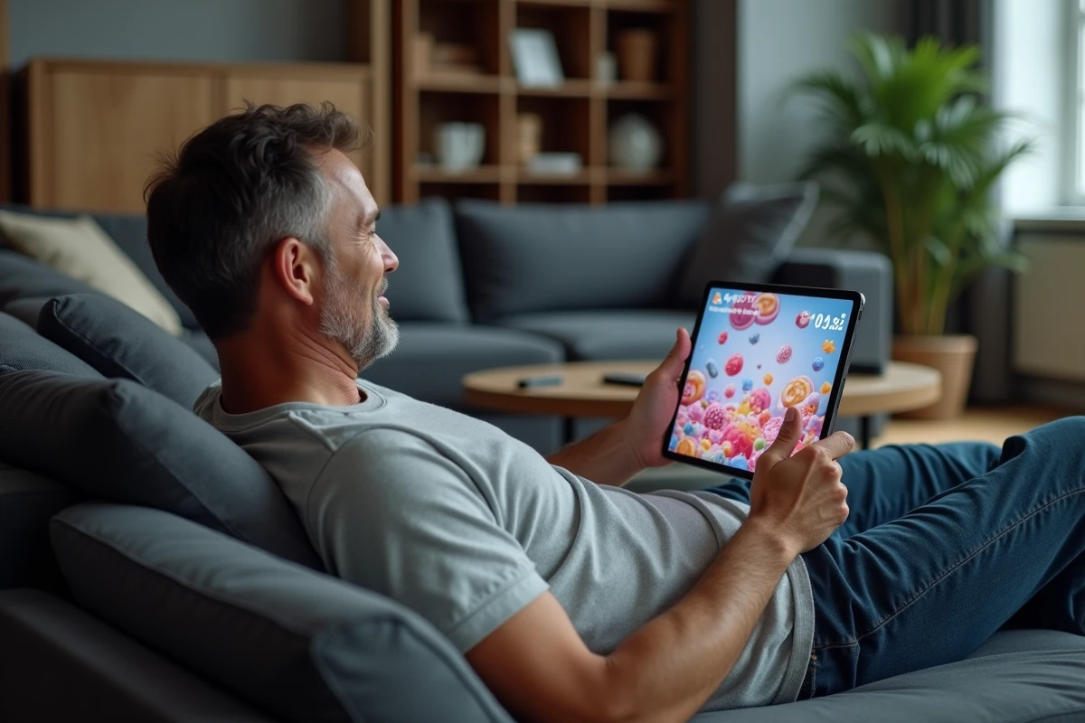 Homme adulte jouant à un jeu de puzzle de bonbons sur tablette dans un salon moderne