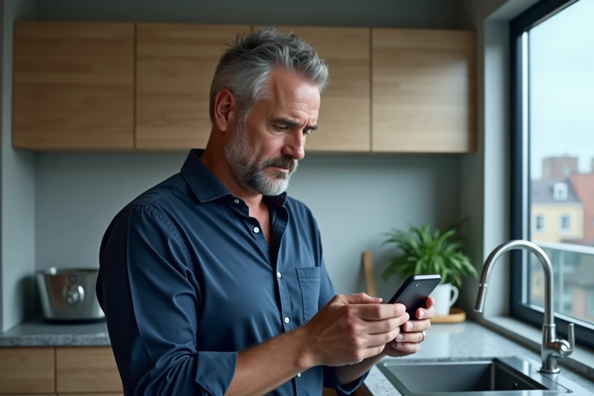 Homme d'âge mûr consultant son téléphone portable avec un numéro de mobile 06 non identifié dans une cuisine moderne