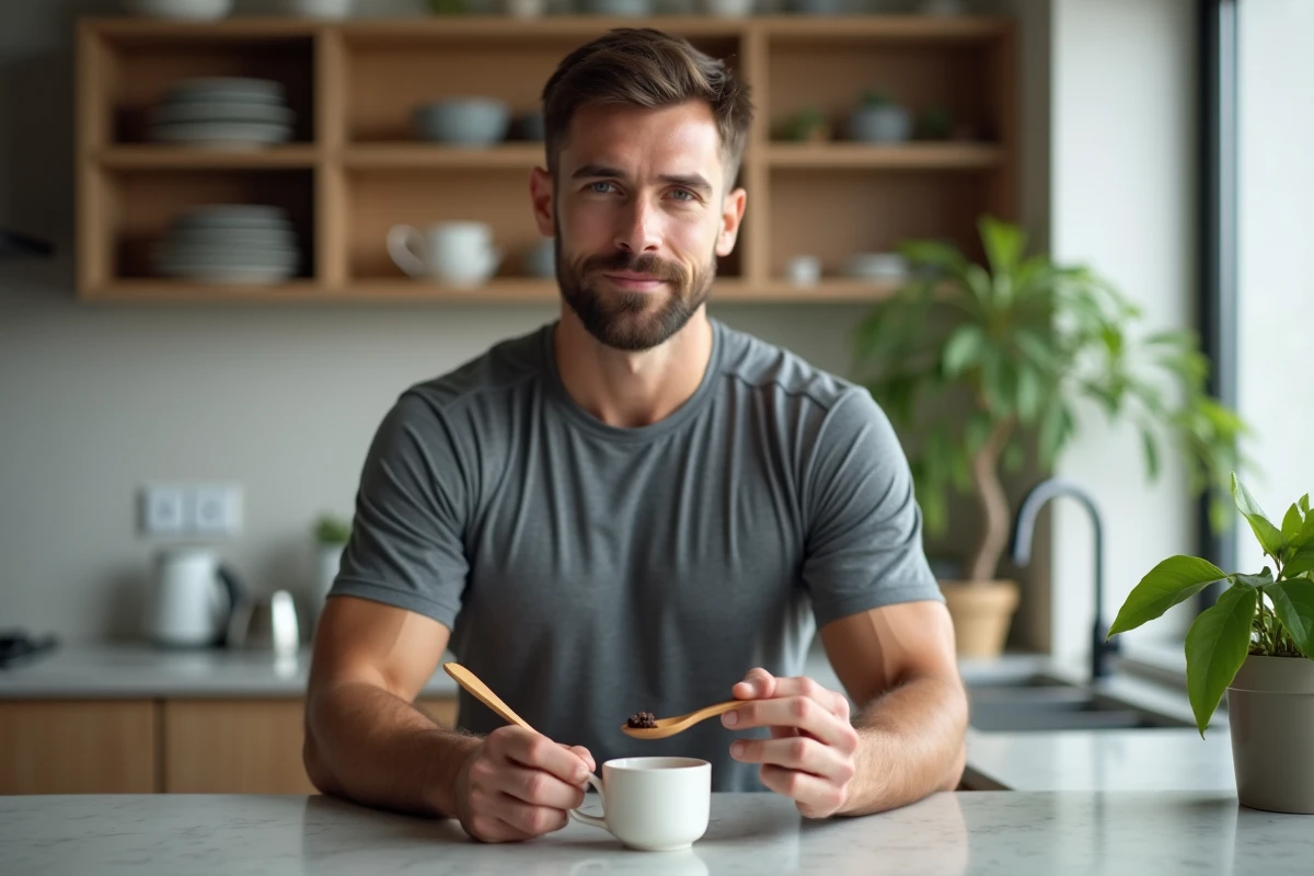 Homme sportif préparant sa dose quotidienne de shilajit dans une cuisine moderne lors de sa routine bien-être matinale